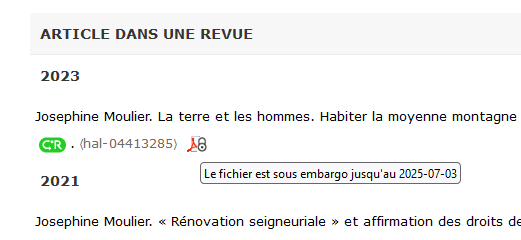 amarois's tweet photo. C'est chouette ça 👍: avec dans les bibliographies remontées de @hal_fr sur notre site labo via le plugin wordpress #MonLabo, une icône+infobulle dédiée informe de l'embargo sur un fichier !
#openaccess #HAL #wordpress #valorisation #openscience #webdesign https://t.co/VDo5UF41fl