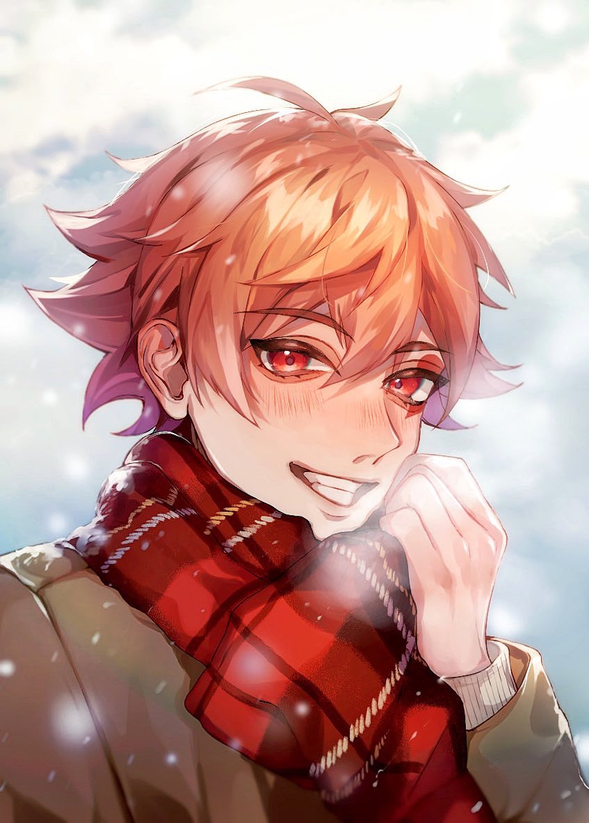 1boy male focus scarf red eyes solo smile blush  illustration images