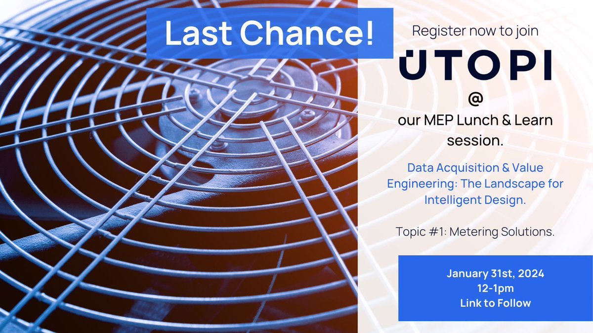 Final call for our virtual #LunchandLearn on Wednesday, Jan 31st, 12-1pm. 
Curated for the #MEP community, covering #MeteringSolutions and #ValueEngineering, led by our CTO and Co-Founder, Falk.

Want to join? Join via link in bio, or email: chanel.turner-ross@utopi.co.uk.

#CPD