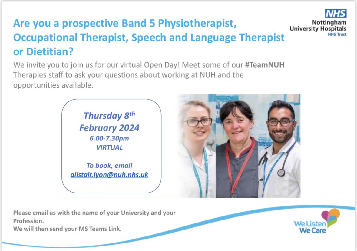 Are you a Physiotherapist, Occupational Therapist, Dietician or Speech and Language Therapist and interested in Band 5 opportunities at NUH? Join us for a virtual open day 🤩 Please see our poster for details! @nottmhospitals @NUH_AHPs @NUHtherapiesPD