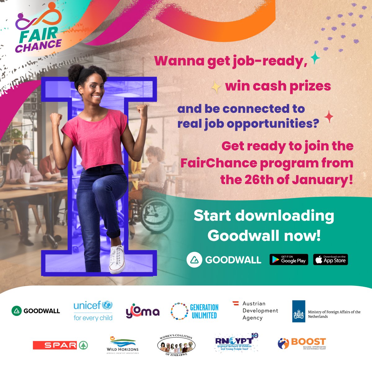 📣 LISTEN UP!! An EXCITING opportunity for unique 🇿🇼  females aged 18-26, to join the FairChance program. We are offering a platform to win cash prizes and real job opportunities,  to showcase YOU!  To participate, download the Goodwall App, or Whatsapp👉 twtr.to/Y2-3F