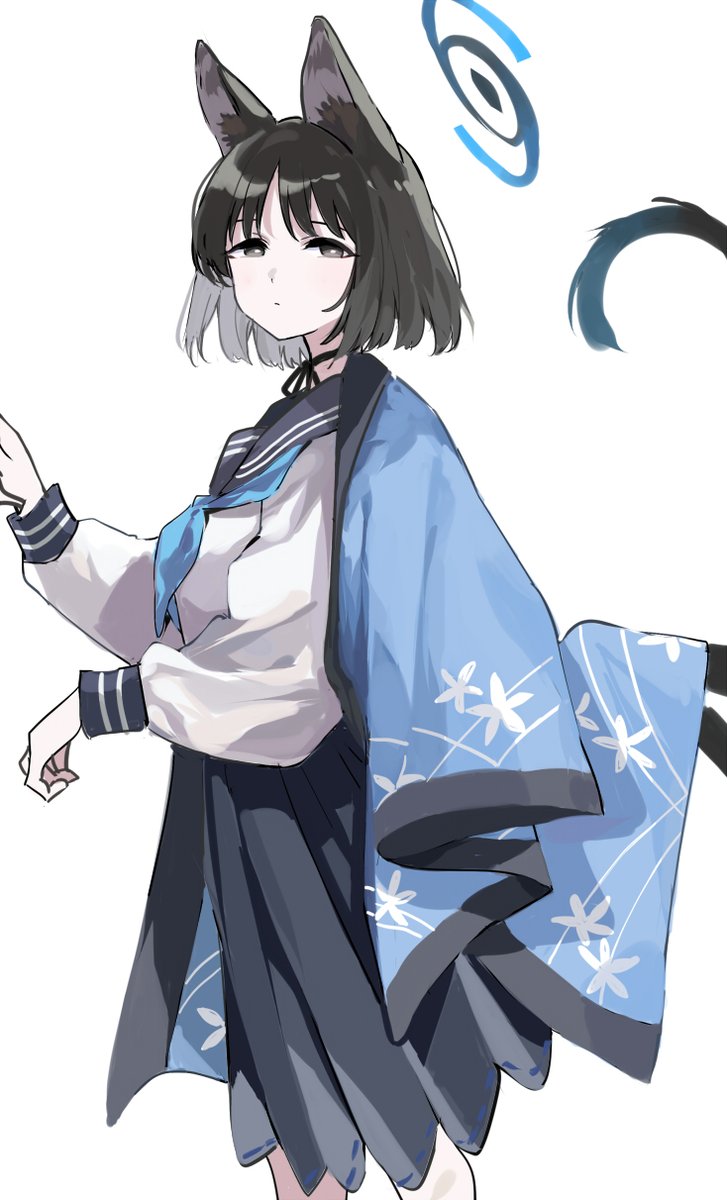 kikyou (blue archive) 1girl solo animal ears white background black hair skirt halo  illustration images