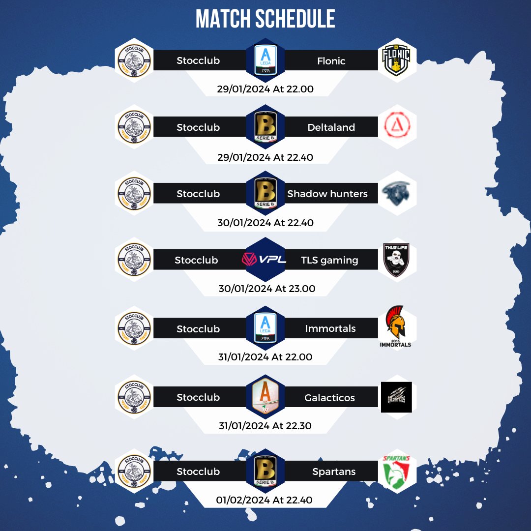 Stocclub Esports (@stocclubesports) on Twitter photo ecco i match di questa settimana! 🔱FORZA STOCCLUB📷
<a href="/FVPA_net/">FVPA.net 🇮🇹</a>
<a href="/VPGItaly/">VPG Italy 🇮🇹</a>
<a href="/VPLItaly/">VPL Italy 🇮🇹</a>
@BTWNenSports ecco i match di questa settimana! 🔱FORZA STOCCLUB📷
<a href="/FVPA_net/">FVPA.net 🇮🇹</a>
<a href="/VPGItaly/">VPG Italy 🇮🇹</a>
<a href="/VPLItaly/">VPL Italy 🇮🇹</a>
@BTWNenSports
