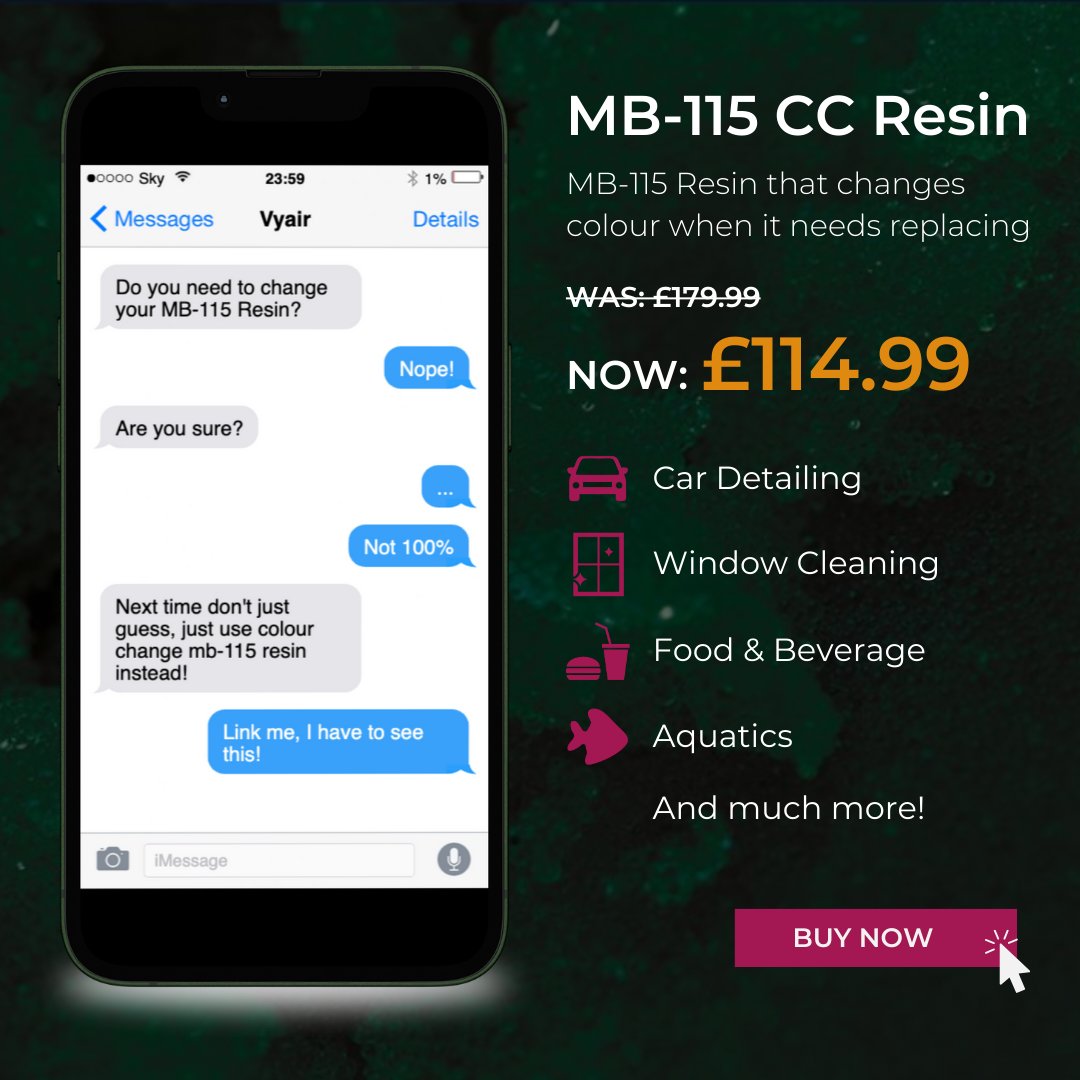 Take advantage of this deal before our boss
comes back from holiday and fires us!

Take the guesswork out of replacing your resin, BUY
NOW!
Was: £174.99 - NOW: £114.99

#vyair #watertreatment #deionisingresin #diresin
#cardetailing