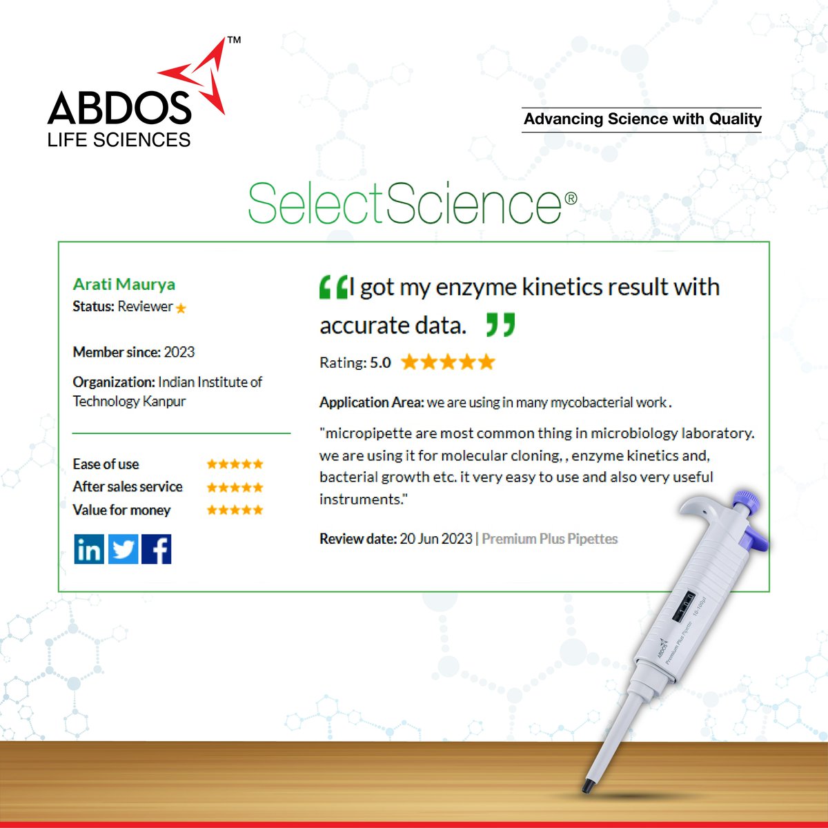 AbdosLabtech's tweet image. Our clients share very encouraging reviews on SelectScience. Witness what IIT Kanpur has to say about our Micro Pipettes.
.

#AbdosLifeSciences #SelectScience #CustomerReview #GiveAway
