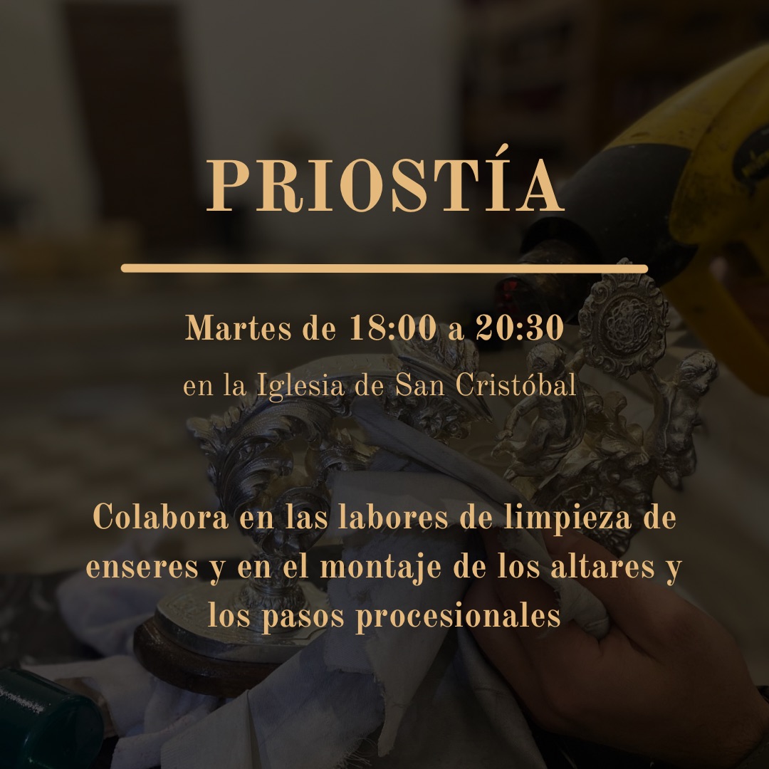 Pasionyestrella's tweet image. PRIOSTÍA | Nuestro equipo de priostía convoca a todos aquellos hermanos y devotos que deseen participar en las labores de limpieza de enseres y en el montaje de los altares y los pasos procesionales los martes de 18:00 a 20:30h.

Anímate a colaborar con nosotros, contamos contigo