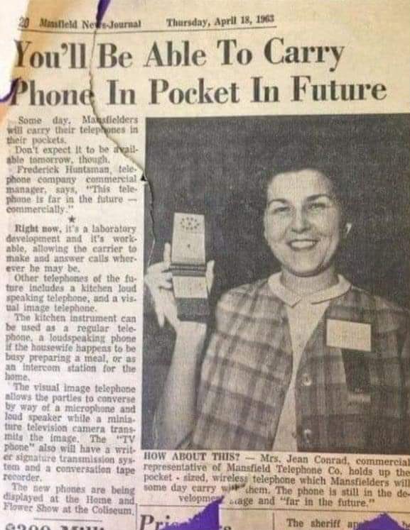 HistoricHub's tweet image. You’ll be able to carry phone in pocket in future. A news article published on April 18, 1963.