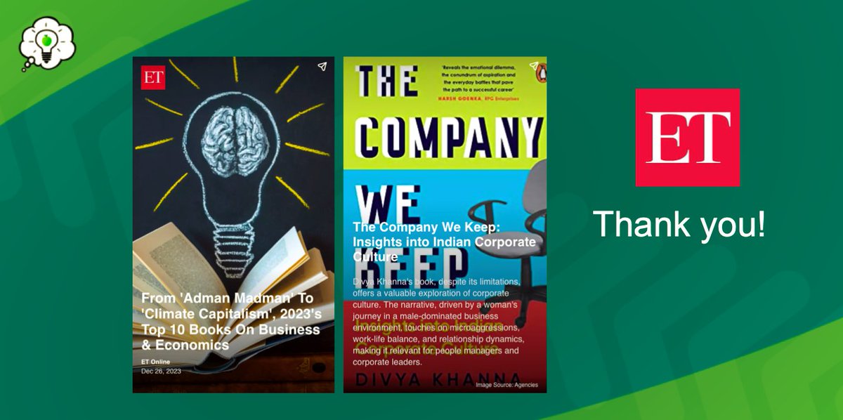 Thank you @EconomicTimes - I'm so flattered to see my book here!

@PenguinIndia 

#thecompanywekeep #indiancorporateculture #bookboost #booktwt #writerslift #nonfiction #businessbooks #consumerinsights #mustreads #divyakhannadk #divyakhanna_dk