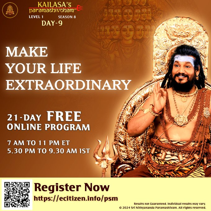 EwaAndersson11's tweet photo. Break the chains of limitation! Enlightenment isn’t bound by distance. Spontaneous glimpses are constant. Yoga, meditation, pranayama - your readiness tools. Join the Live Darshan by the SPH @srinithyananda NOW! #BreakLimitations https://t.co/S1SjNCv0LY https://t.co/VvYsPek8qD