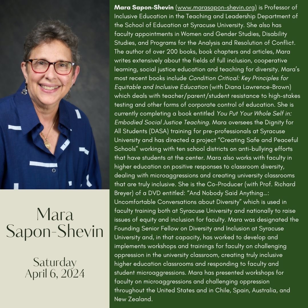 Mara Sapon-Shevin, renowned educator and advocate for social justice, will keynote on Saturday, April 6, 2024! Don't miss out on this opportunity to hear from one of the leading voices in education equity! Register for the 46th NYSABE Conference today at nysabe.net/2024-nysabe-co…