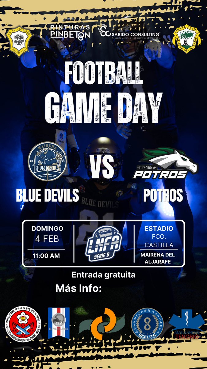 🏈 Mairena Blue Devils vs <a href="/PotrosFootball/">Fuengirola Potros</a> 
📅 4 de febrero, 11:00 AM
📍 Estadio Francisco Castilla Romero - Mairena del Aljarafe (Sevilla).
Os esperamos en nuestra casa para vivir este apasionante encuentro. Contaremos con tienda de merchan y ambigú.

#GoBlueDevils #LNFASerieB