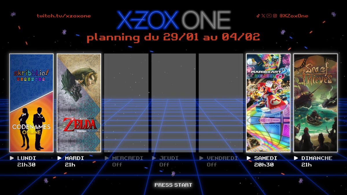 🕹️ ・ ℙ𝕝𝕒𝕟𝕟𝕚𝕟𝕘 𝕕𝕦 𝟚𝟡 𝕛𝕒𝕟𝕧𝕚𝕖𝕣 𝕒𝕦 𝟜 𝕗𝕖́𝕧𝕣𝕚𝕖𝕣 𝟚𝟘𝟚𝟜 ・ 🕹️

Lundi
#Skribblio et #Codenames 
21h30

Mardi
Retro sur #TwilightPrincess 
21h

Samedi
Coupe des Rêves sans <a href="/xDream_s/">xDream_s</a>  #MK8Deluxe
20h30

Dimanche
La suite de notre épopée sur #SeaOfThieves
21h