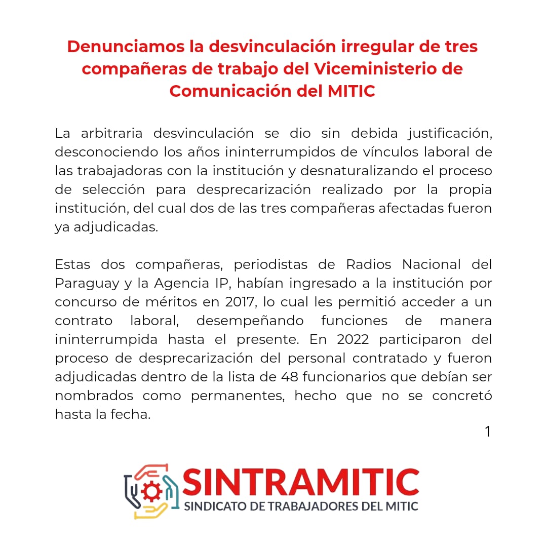 sintramitic's tweet photo. Denunciamos la desvinculación de nuestras compañeras de trabajo del Viceministerio de Comunicación. En una abierta persecución sindical del @miticpy ⬇️ https://t.co/EqRVVBnsEX