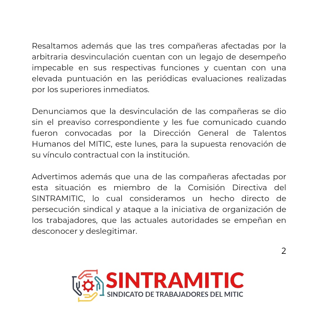 sintramitic's tweet photo. Denunciamos la desvinculación de nuestras compañeras de trabajo del Viceministerio de Comunicación. En una abierta persecución sindical del @miticpy ⬇️ https://t.co/EqRVVBnsEX