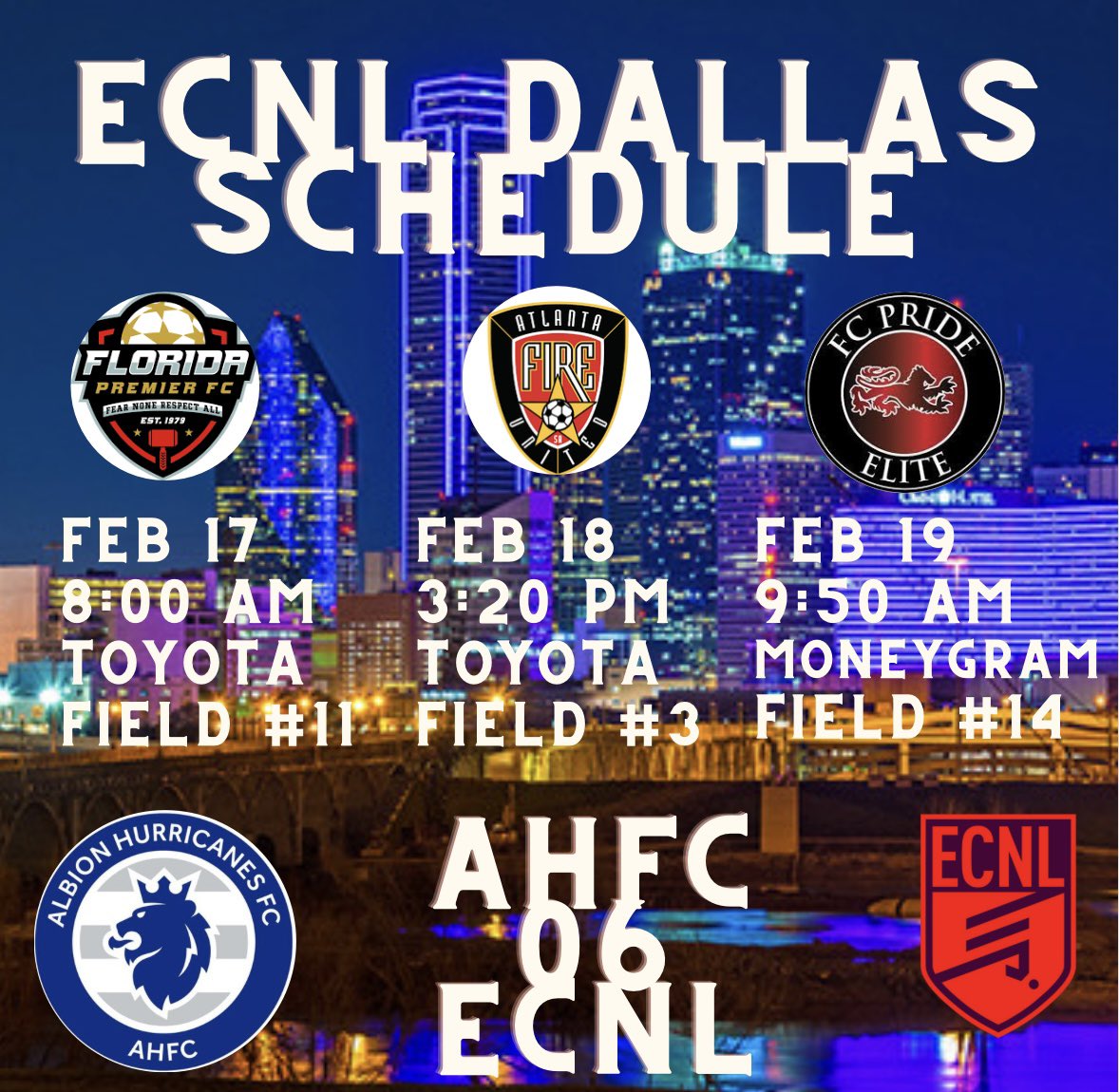 We have a crew of uncommitted girls heading to ECNL Dallas in just a couple of weeks 🤠 you are going to want to check out!  👀💙

Schedule below! ⬇️

#ahfcpride #ahfcsoccer #ahfcfamily