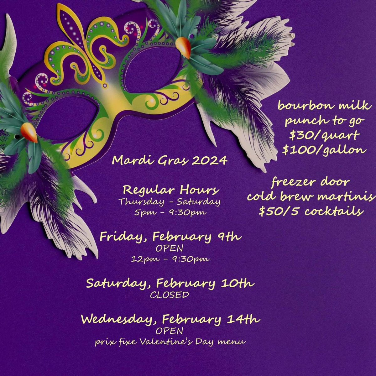 Check out our Mardi Gras schedule. If you're one of those people who keep asking about #FridayLunch, Feb 9th is your day! We will be open for lunch and dinner. Closed 2/10. #MardiGras #fog 1/2