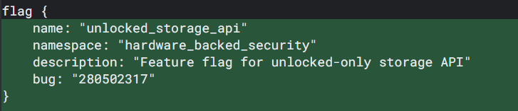 MishaalRahman's tweet photo. Google is preparing a new "Storage Area Encryption" feature for a future release of Android that gives apps the ability to create "storage areas" that are accessible only after the device has been unlocked. 

Storage areas are "transparently encrypted directories protected by screen lock bound keys" that provide "a level of protection above that of the Credential Encrypted storage which is the default for app data." These directories will be in a new top-level data directory, /data/storage_area. (Credential Encrypted storage is only available to apps after the initial unlock following a boot.)

It's a bit difficult to guess "why" they're adding this API just from the code changes in AOSP, so I'm throwing this out there to see if any security researchers might have an idea. One researcher guessed it could allow for SDKs to create their own dedicated place to store files or preferences that couldn't be accessed by apps integrated said SDK, but it doesn't look like this API makes that possible.

The code changes haven't been merged yet, so I'm not sure if this Storage Area Encryption API will make its way to Android 15 or Android 16.