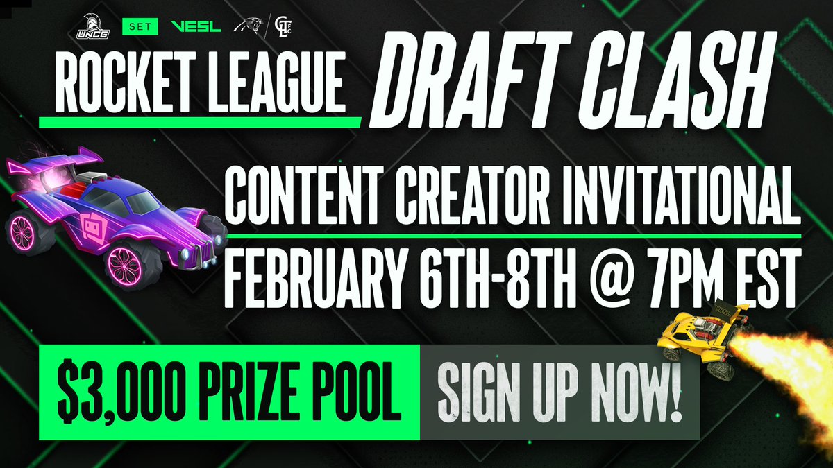 COMPETE IN OUR FIRST EVER DRAFT CLASH! 🎬

👤: 16 Content Creators 
🎮: Rocket League
💰: $3,000 Prize Pool

Join as a content creator and draft VESL players to compete head to head. Sign up with the link below! ⬇️