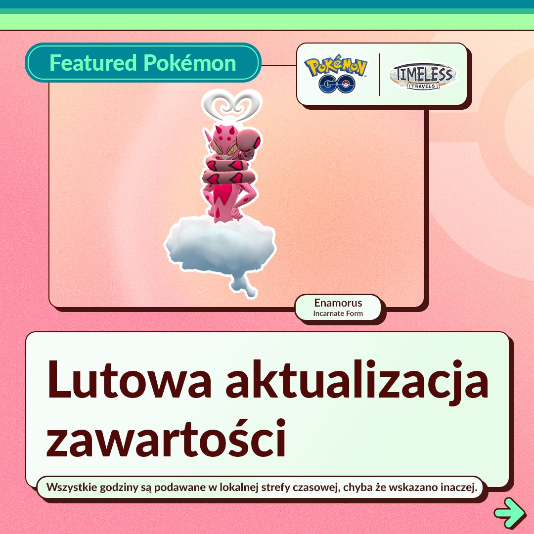 PokemonGoAppPOL's tweet photo. Tyle do zrobienia, a tak mało czasu!
Nie przerywajcie sezonu przygód. Za rogiem #PokemonGOTour: Sinnoh – Global, Księżycowy Nowy Rok, Karnawał Miłości i wiele innych atrakcji!
#TimelessTravels https://t.co/MNQKbduYM4