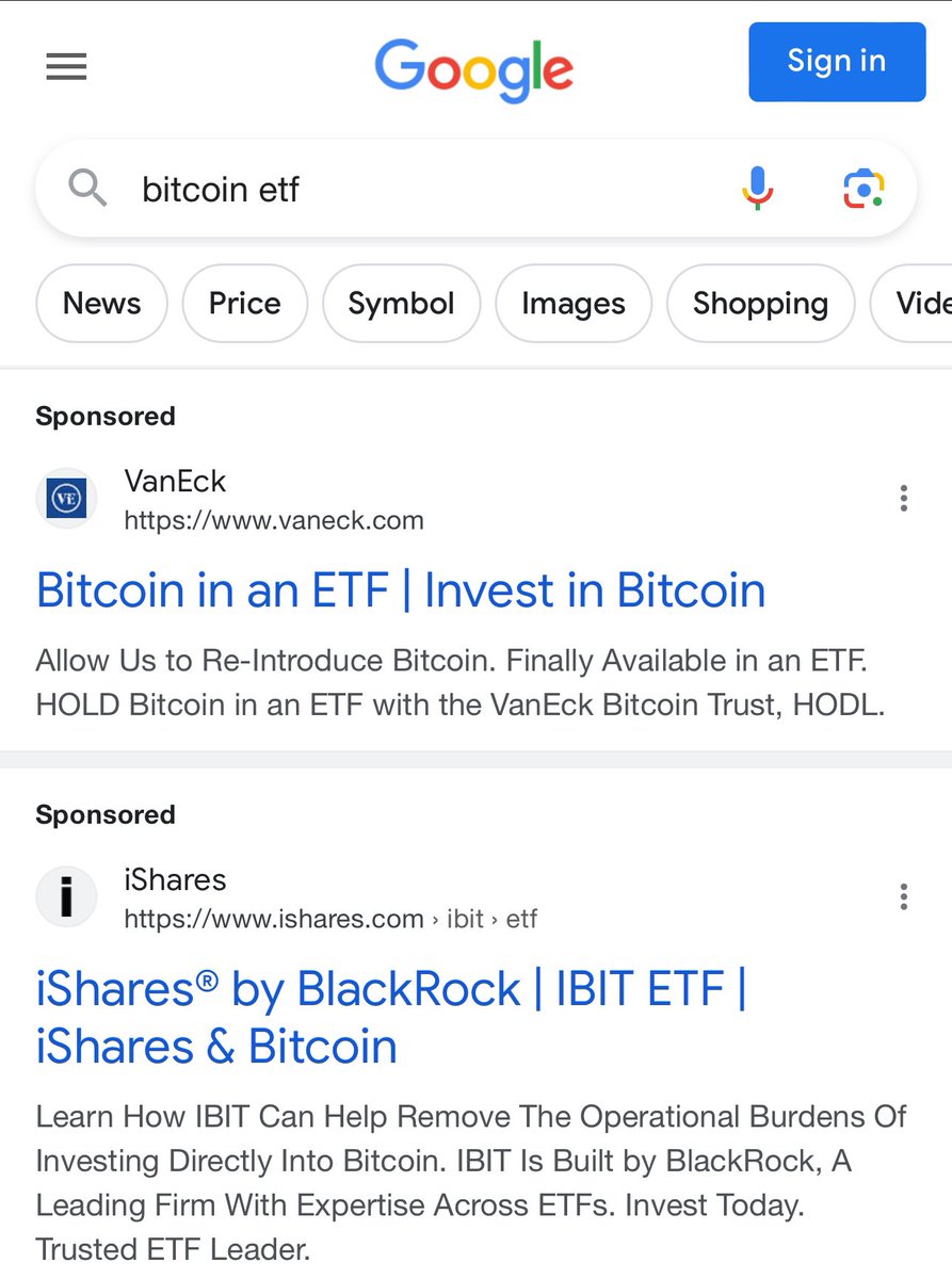 JUST IN: BlackRock & VanEck are now advertising Spot #Bitcoin ETFs on  Google following new policy update.