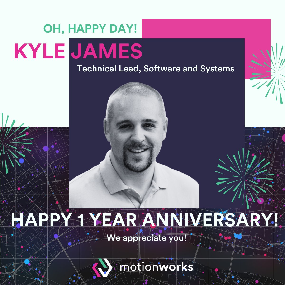 🎉 Join us in wishing a very HAPPY 1 YEAR ANNIVERSARY to Kyle James, Director of Product Management here at Motionworks !!  🙌🏼 Kyle is the glue that holds data and product together to deliver the world game changing tools on Population Intelligence.