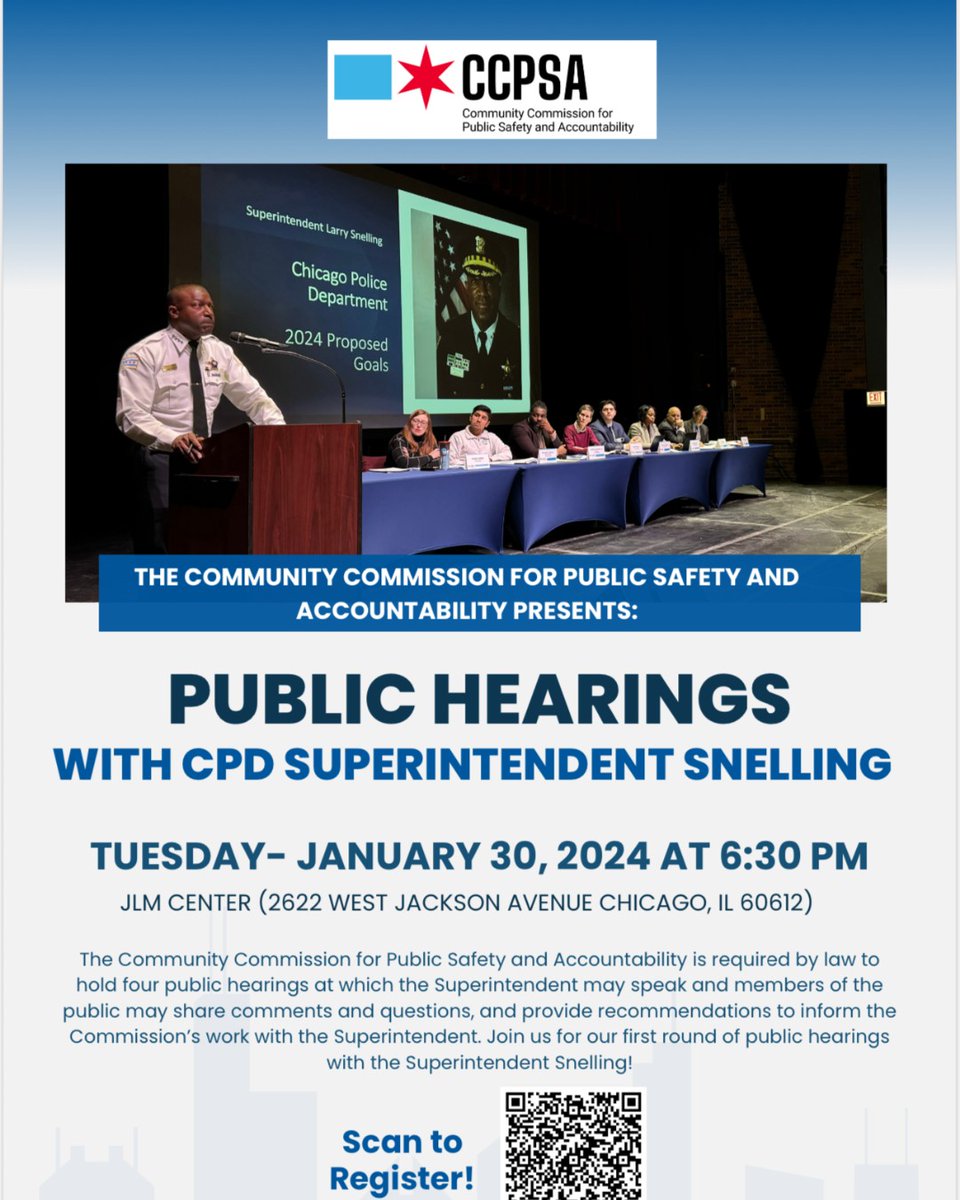 Please come join Superintentdent Snelling for a public hearing on Jan 30, 2024 at 6:30 pm. The event will take place at JLM located at 2622 W. JACKSON. Scan to register !!