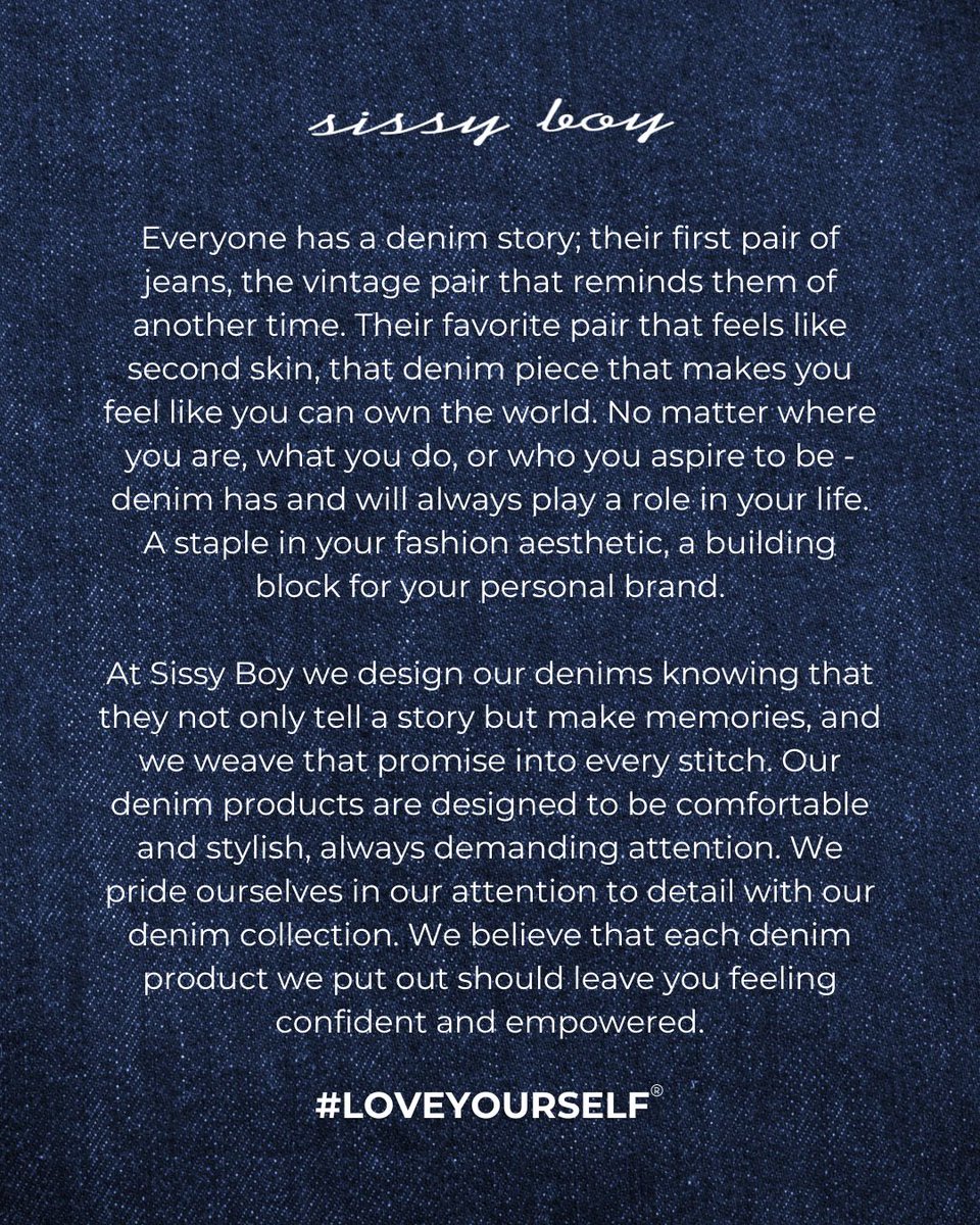 Sissyboyjeans's tweet photo. Wear your story, own the world. Sissy Boy denims β where fashion meets empowerment, stitch by stitchπββοΈπ Tell us, which Sissy Boy denim is your favourite? π
#LoveYourself #shopping #styleinspo #onlineshopping #Denim #denimjeans #denimdestination #denimstyle #sissyboyjeans https://t.co/uA7JWFyI7k