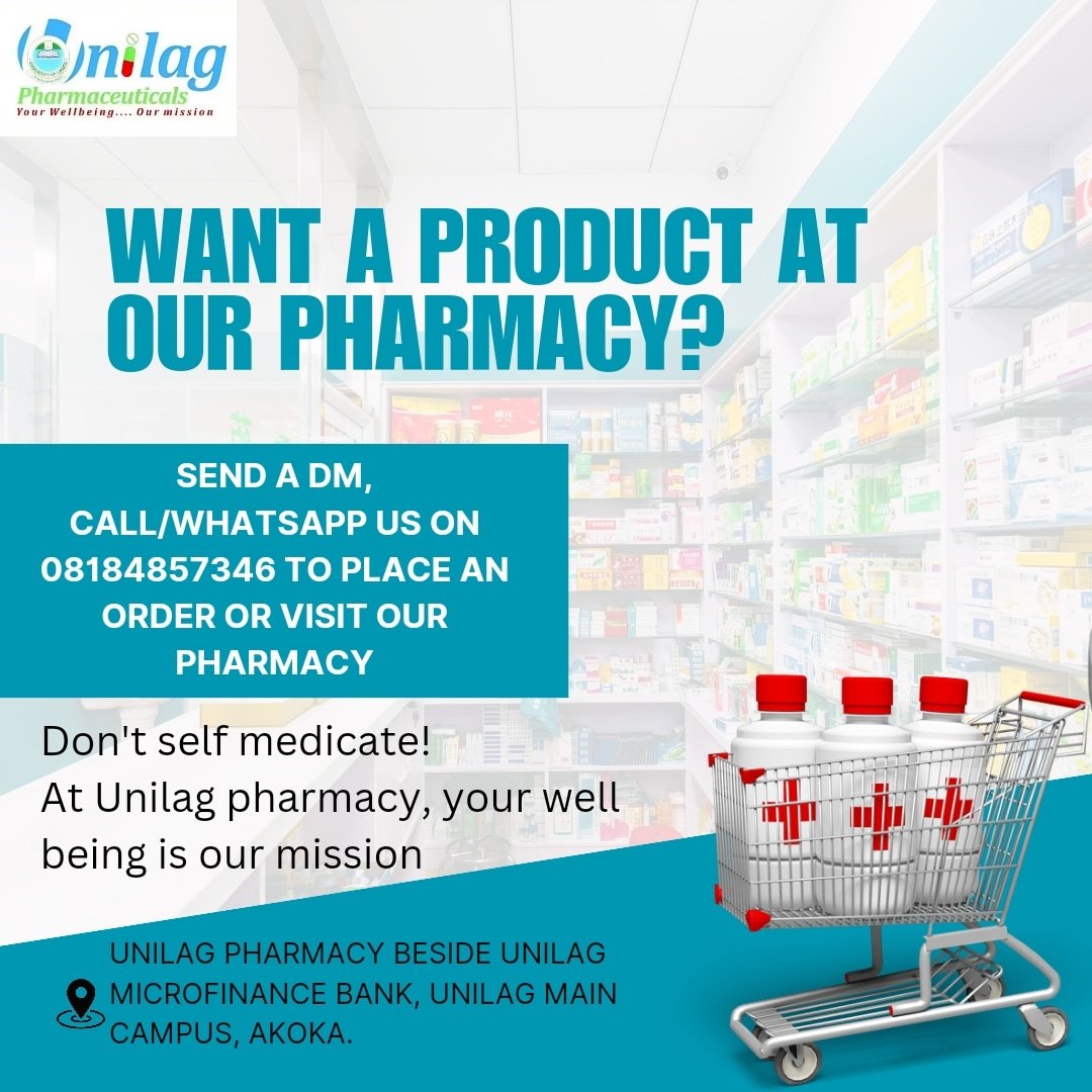 unilagpharm's tweet image. Finding it difficult to get a drug? Give us a call or text to source for it and get it delivered to you at a friendly price.

Products ranging from healthcare to daily essentials are available at the pharmacy.

#healthcare #avoidstress 
#skincareessentials 
#superstore
