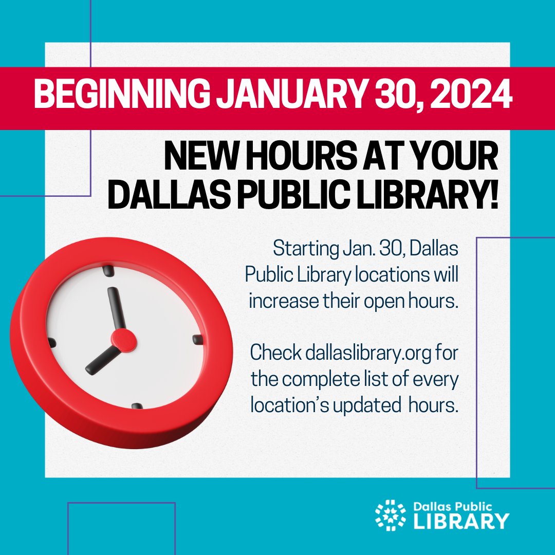 dallaslibrary's tweet photo. 📣  📚⏰📈‼️  📣
New hours begin at your Dallas Public Library TOMORROW!
Check https://t.co/JHRql3WbhV for the complete list of every location's updated hours. https://t.co/XiRtFo0whG