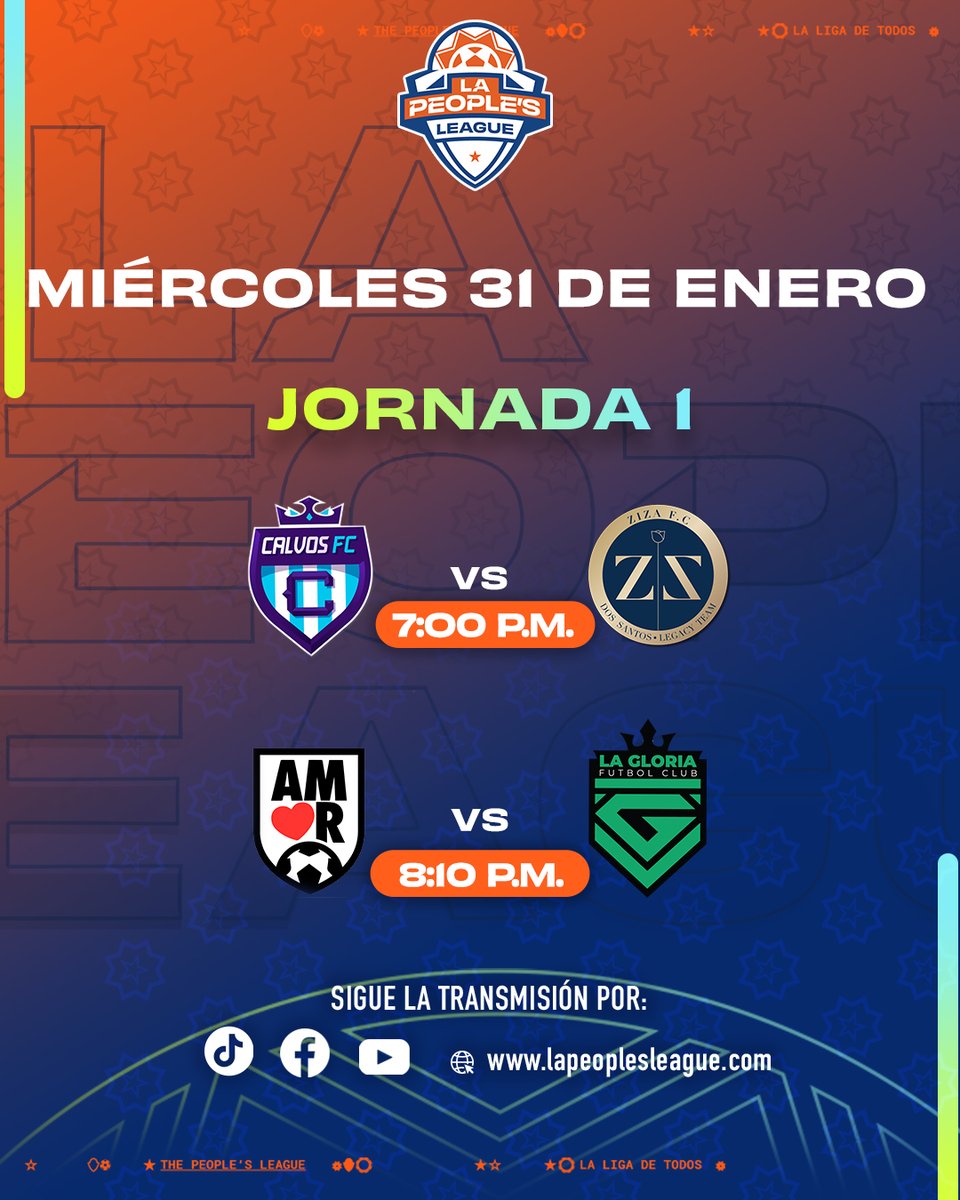Se termina la espera🚨   

Nos vemos el martes 30 de enero para la Gran Inauguración de #LaPeoplesLeague y el arranque de la Jornada 1⚽ 

🗓️ 30 de enero.
⏰ 6:30 PM  
📱 Facebook, YouTube, Tik Tok y lapeoplesleague.com