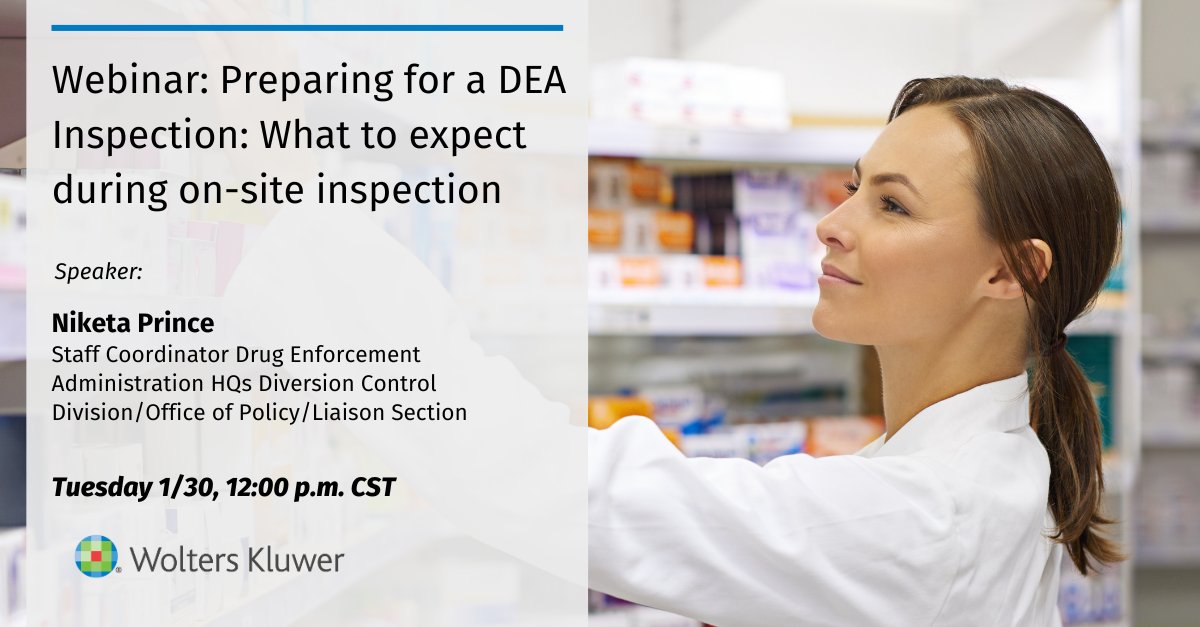 wkhealth's tweet photo. Join Niketa Prince of the DEA’s Diversion Control Division for tomorrow's webinar on how to achieve compliance with DEA Controlled Substance Regulations to safeguard your hospital from diversion and potential administrative, civil, and/or criminal actions. https://t.co/yJx223Apeh https://t.co/lQUy21gXHO