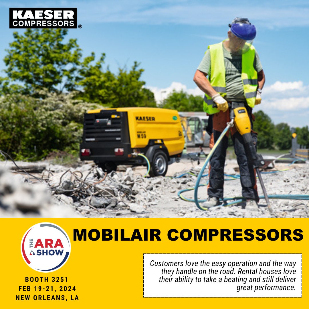 KaeserUSA's tweet image. Customers love the easy operation and the way they handle. Rental houses love their ability to take a beating and still deliver outstanding performance. Check out our #MOBILAIR series in booth 3251 at @ararentalshow next month! 
#portablecompressors #ARA2024 #rentalcompressor