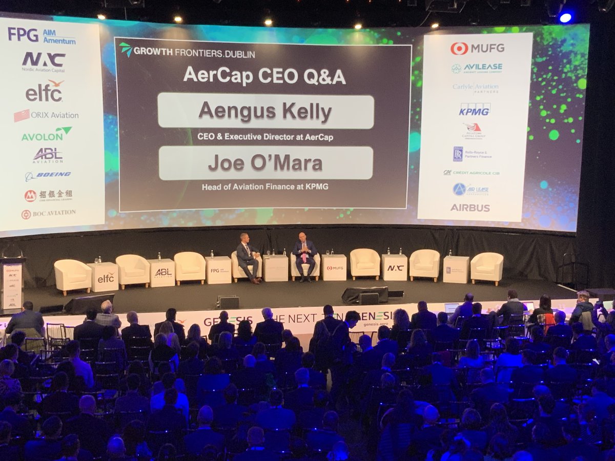 Aengus Kelly, CEO of AerCap, joined Joe O'Mara, Partner @KPMG_Ireland, on stage at the @eAviationNews #AirlineEconomics #GrowthFrontiers conference in Dublin. Aengus shared his insights on a wide range of topics affecting the aviation industry. #WeAreAerCap #NeverStandStill