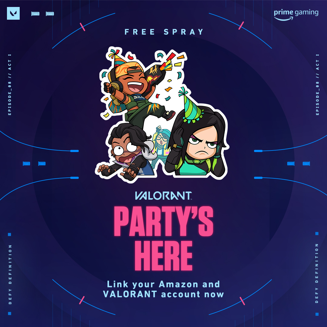 VALORANT's tweet photo. This is going to be a blast.

Get the celebration started with the Party's Here Spray. Available exclusively through Prime Gaming.

➡️ https://t.co/j33O09BdoC https://t.co/uTYM9xskYz