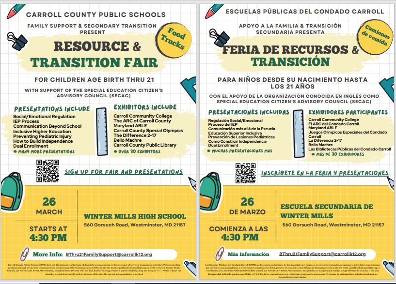 You gotta check this out!
March 26, Resource/Transition Fair at Winters Mill HS
Click on this link to sign up:  forms.office.com/r/mbVR4g4xZH