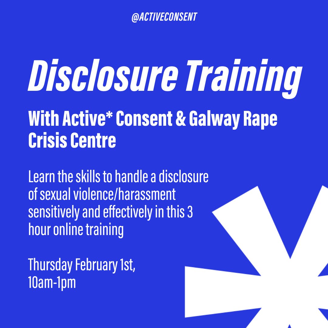 Active* Consent (@activeconsent) on Twitter photo Calling all <a href="/ThisisFet/">thisisFET</a> staff! 📢
Join the hundreds of people who have taken <a href="/ActiveConsent/">Active* Consent</a> First Point of Contact Disclosure Training with <a href="/GalwayRCC/">Galway Rape Crisis Centre</a> and register for the 3hr course on February 1st.
Click the link below to apply 👇
bit.ly/3SfYnhY Calling all <a href="/ThisisFet/">thisisFET</a> staff! 📢
Join the hundreds of people who have taken <a href="/ActiveConsent/">Active* Consent</a> First Point of Contact Disclosure Training with <a href="/GalwayRCC/">Galway Rape Crisis Centre</a> and register for the 3hr course on February 1st.
Click the link below to apply 👇
bit.ly/3SfYnhY