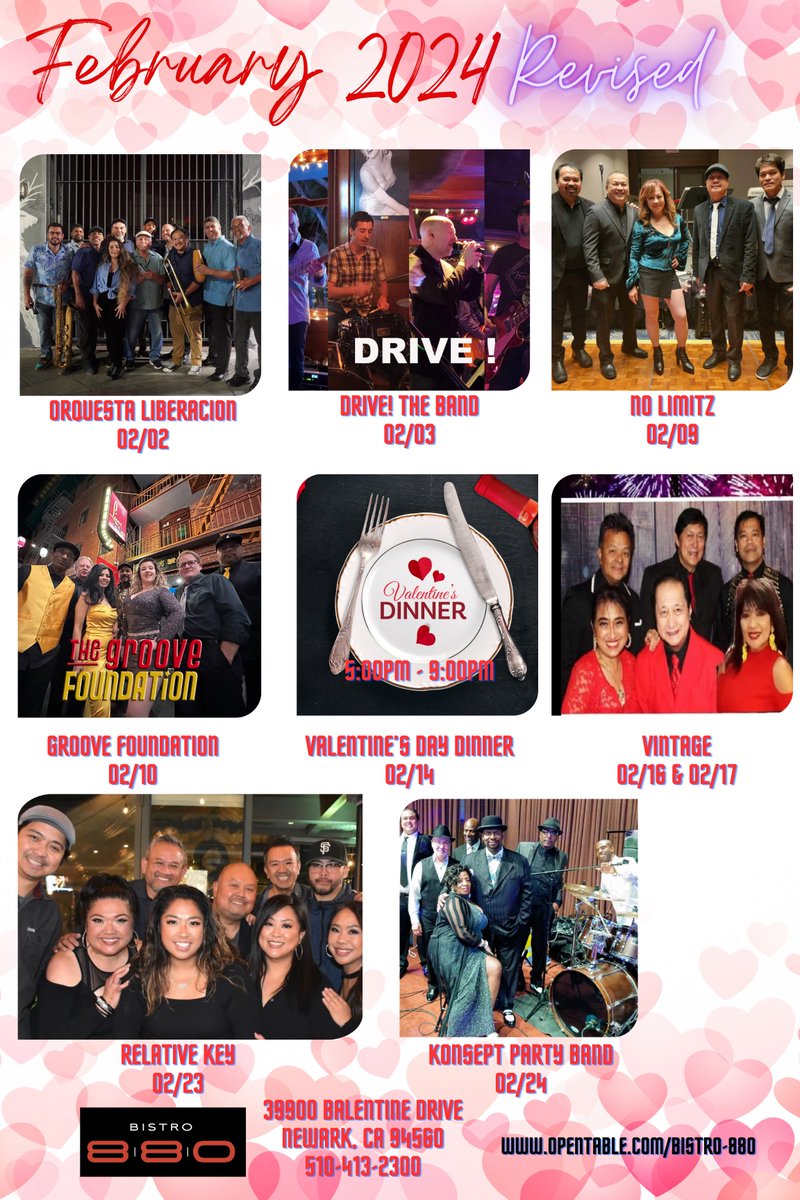DoubleTreenwkfr's tweet photo. Checkout our Bistro 880 Entertainment Schedule for the month of February 2024!
#bistro880 #localentertainment #bands #newarkca #theweekend #fridays #saturdays #music #livemusic #popmusic #latinrock #latinmusic #UpcomingEvents #dancing #february2024 #bayarea #partytime https://t.co/Rx4Qog7VJf