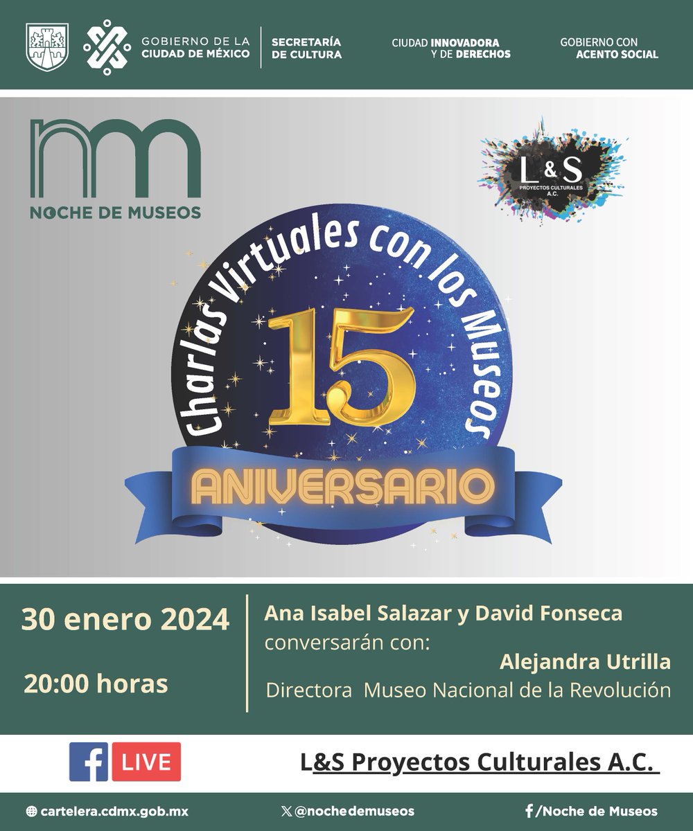 nochedemuseos's tweet photo. Este 2024 #NocheDeMuseos cumple 15 años ¡y nos traen las #CharlasVirtuales con los Museos!

Entérate de primera mano lo que hay tras bambalinas de algunos de los recintos que colaboran en el programa, iniciaremos con el @museorevolucion 

30/01
Vía: https://t.co/yvZ7ODn2Cz https://t.co/mQKFIpQHQi