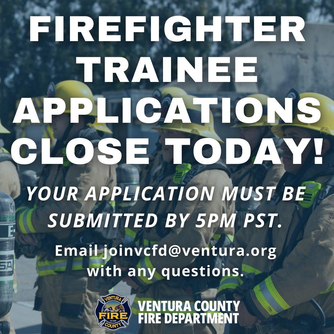 JoinVCFD's tweet image. 🔥 Final day to apply! 🔥 

📆Application Deadline: TODAY January 29th, 2024 at 5PM PST.

✅Apply now at governmentjobs.com/careers/ventur… 

#JoinVCFD #VCFD #VenturaCountyFireDepartment #VenturaCounty #VCFDRecruitment #VenturaCountyJobs #FireDepartment #FirstResponders