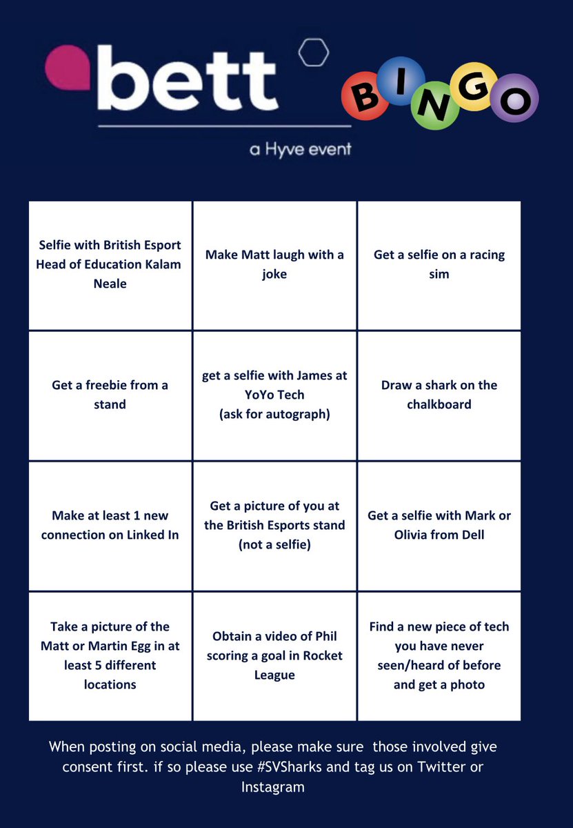 StVSharks's tweet photo. Last week our sharks visited @Bett_show in #London where they worked alongside @DellTechUK and met key figures in the esports education sector - a great day out and made even more fun by an addition from the Shark staff known as ‘BETT Bingo’ to encourage our students to network https://t.co/Zmm8q7mLaj