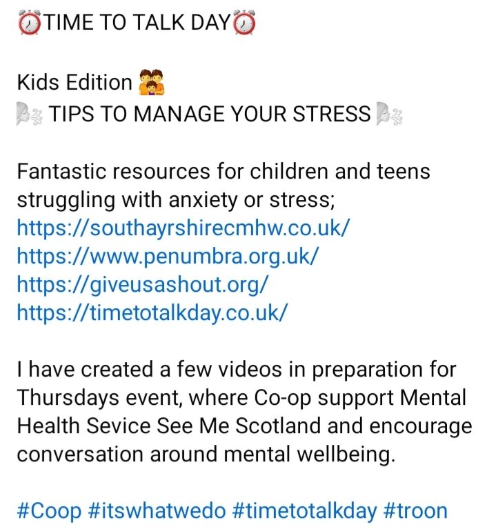 CoopMPTroon's tweet photo. ⏰TIME TO TALK DAY⏰
Kids Edition 👪 TIPS TO MANAGE YOUR STRESS!
First video in preparation for Thursdays event, as @coopuk support Mental Health Sevice @seemescotland encouraging conversation around mental wellbeing.

#Coop #itswhatwedo #timetotalkday #troon https://t.co/vgVUKn9DhM