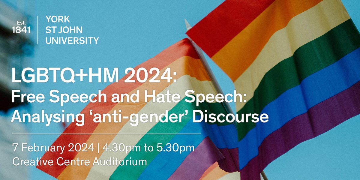 lsjysj's tweet photo. 📣 Join us for a LGBTQ+ History Month lecture: 'Free Speech &amp; Hate Speech: Analysing ‘Anti-Gender’ Discourse' by Prof. Helen Sauntson.

🗓️ Feb 7, 2024 | ⏰ 4:30-5:30 PM | 📍 Creative Centre Auditorium
For details and to reserve your spot, visit: https://t.co/hSaDriPgYK https://t.co/wpFKNFFBmb