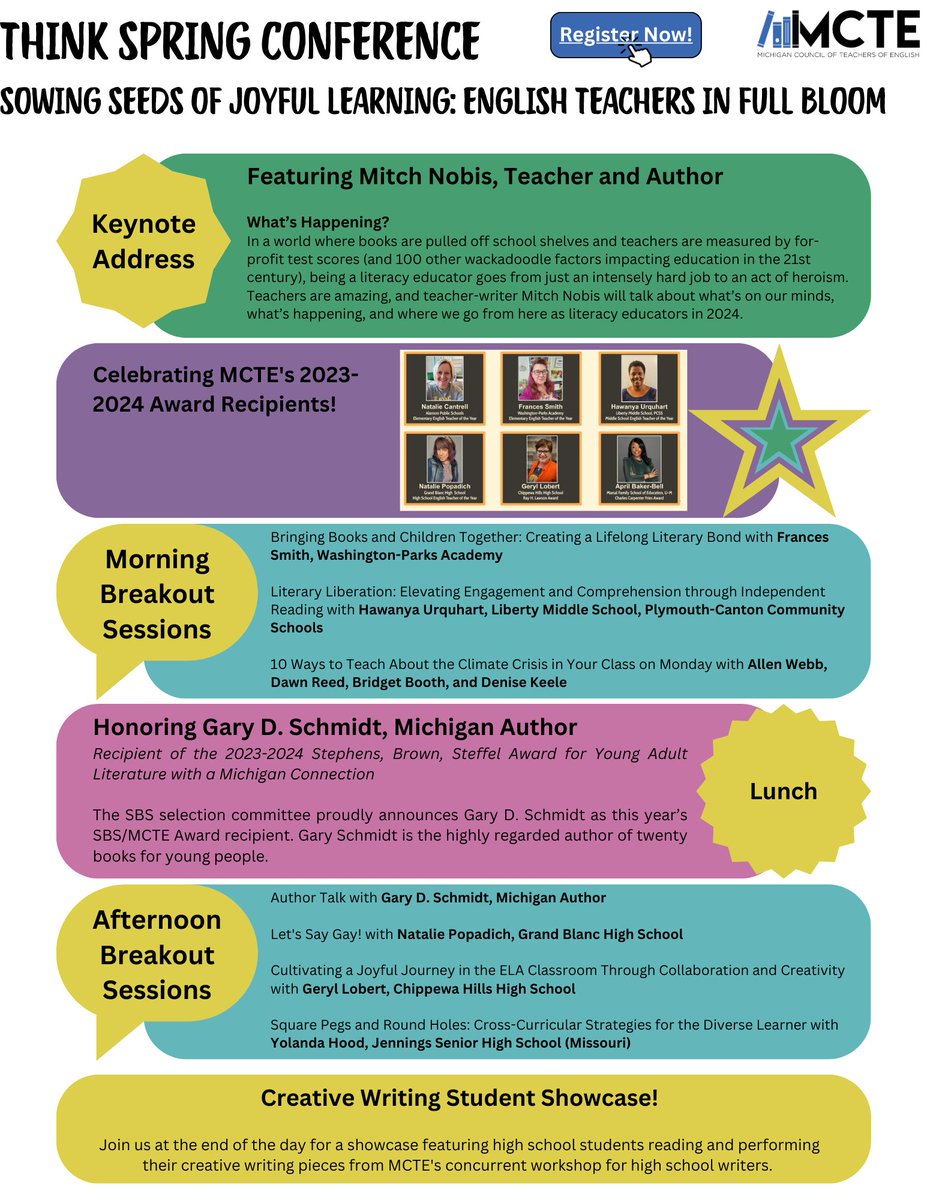MCTE_MI's tweet image. Join MCTE at Think Spring! 
Sowing Seeds of Joyful Learning: English Teachers in Full Bloom
Saturday, March 9, 8:30 AM - 4:00PM
Mott Community College, Flint

Check out the attached day-at-a-glance or register now!
mymcte.org/event/think-sp…