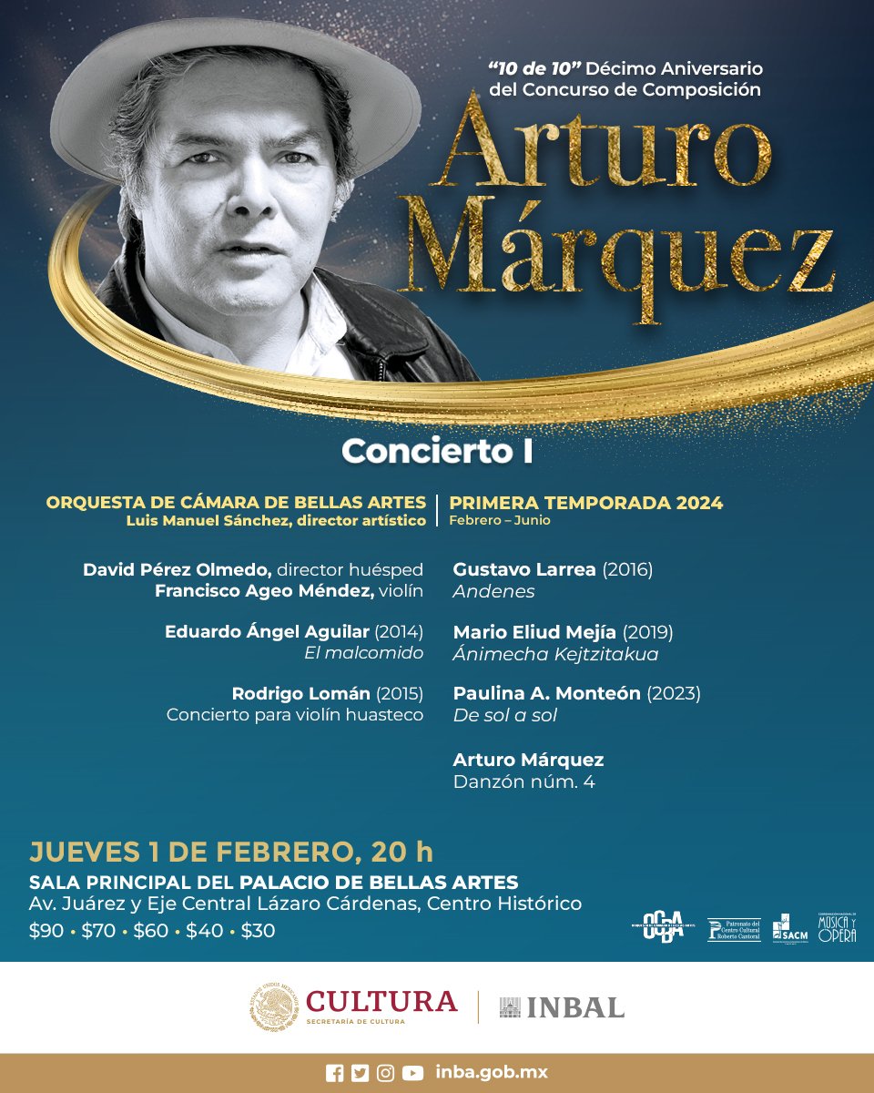 RevistaDArte's tweet image. Inicia su Primera Temporada 2024 en el décimo aniversario del Concurso de Composición Arturo Márquez @OCBA_MX El concierto I se llevará a cabo bajo la dirección huésped del mexicano David Pérez Olmedo y Fco Ageo Méndez solista invitado, 01 febrero @PalacioOficial