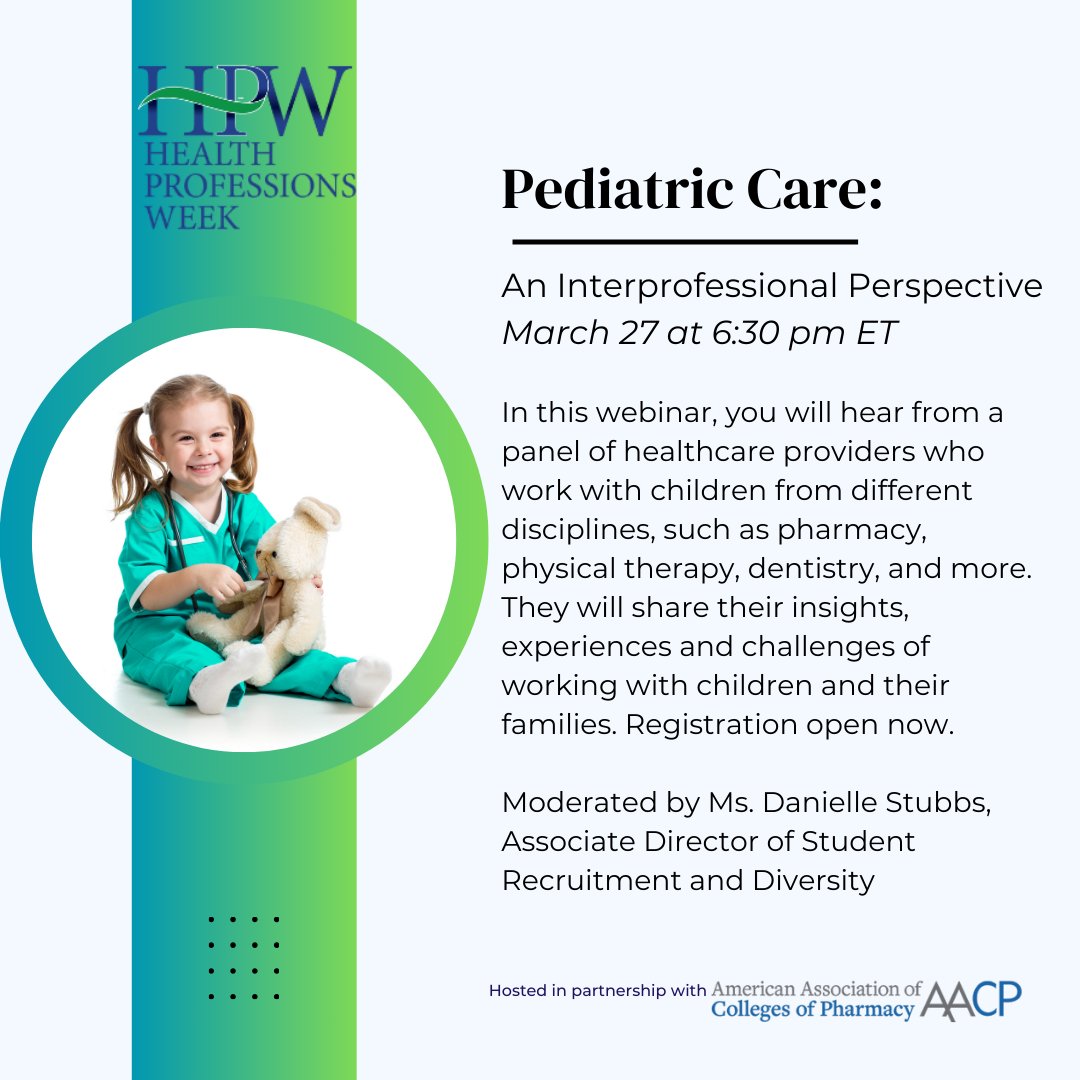 Pediatric Care: An Interprofessional Perspective
Wed, March 27th 6:30p ET Register: hpw.explorehealthcareers.org/pediatriccare3…

In this webinar, you'll meet a panel of healthcare providers who work with children from different disciplines, such as pharmacy, physical therapy, dentistry, &amp; more!