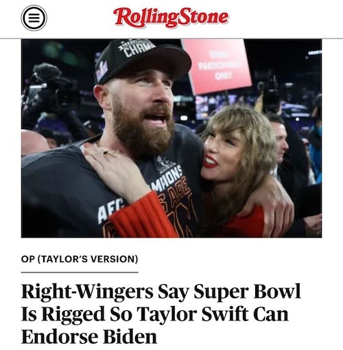 RollingStone's tweet photo. Taylor Swift has shattered virtually every major record in the music industry, and as she lives her best life supporting her boyfriend, Kansas City Chiefs tight end Travis Kelce, she’s also breaking the brains of right-wingers.  

It’s all really stupid https://t.co/ltCaa2x4xX https://t.co/E41avRHOnu