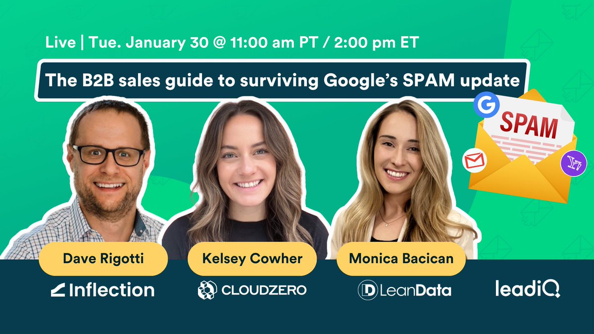 LeadIQ (@leadiq) on Twitter photo Our next webinar is about email deliverability. If Google's new sender guidelines have you sweating, here's what we'll cover:
1️⃣ How the guidelines impact sales/marketing
2️⃣ Email deliverability best practices
3️⃣ Practical tips to adapt
Save your seat: leadiq.registration.goldcast.io/events/aad24ef… Our next webinar is about email deliverability. If Google's new sender guidelines have you sweating, here's what we'll cover:
1️⃣ How the guidelines impact sales/marketing
2️⃣ Email deliverability best practices
3️⃣ Practical tips to adapt
Save your seat: leadiq.registration.goldcast.io/events/aad24ef…