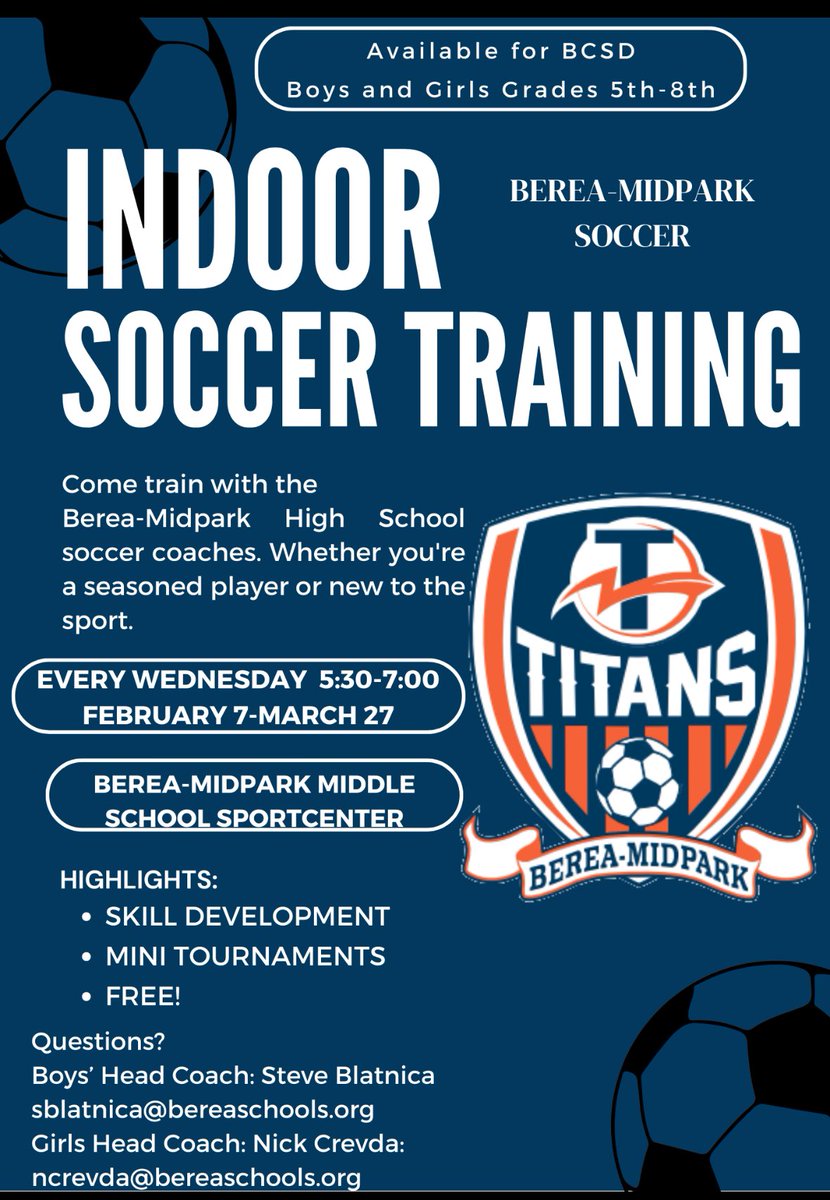 🆕 We’re hosting free winter training sessions for our boys and girls in middle school, grades 5-8. Check out the details below! @AthleticsBMHS @BMHSTitanGSoc