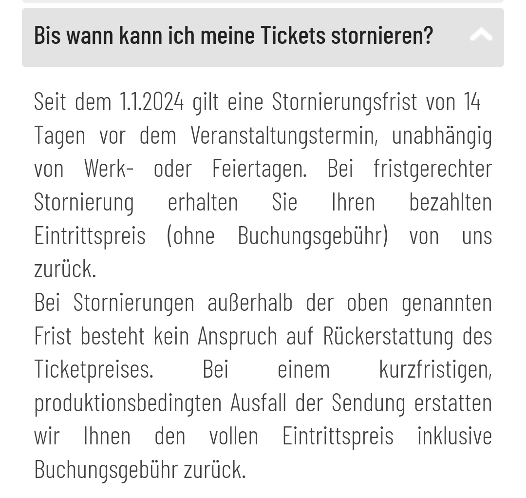 Achtung, bei TV Tickets gilt jetzt eine Stornierungsfrist von 14 Tagen!!! ☝️