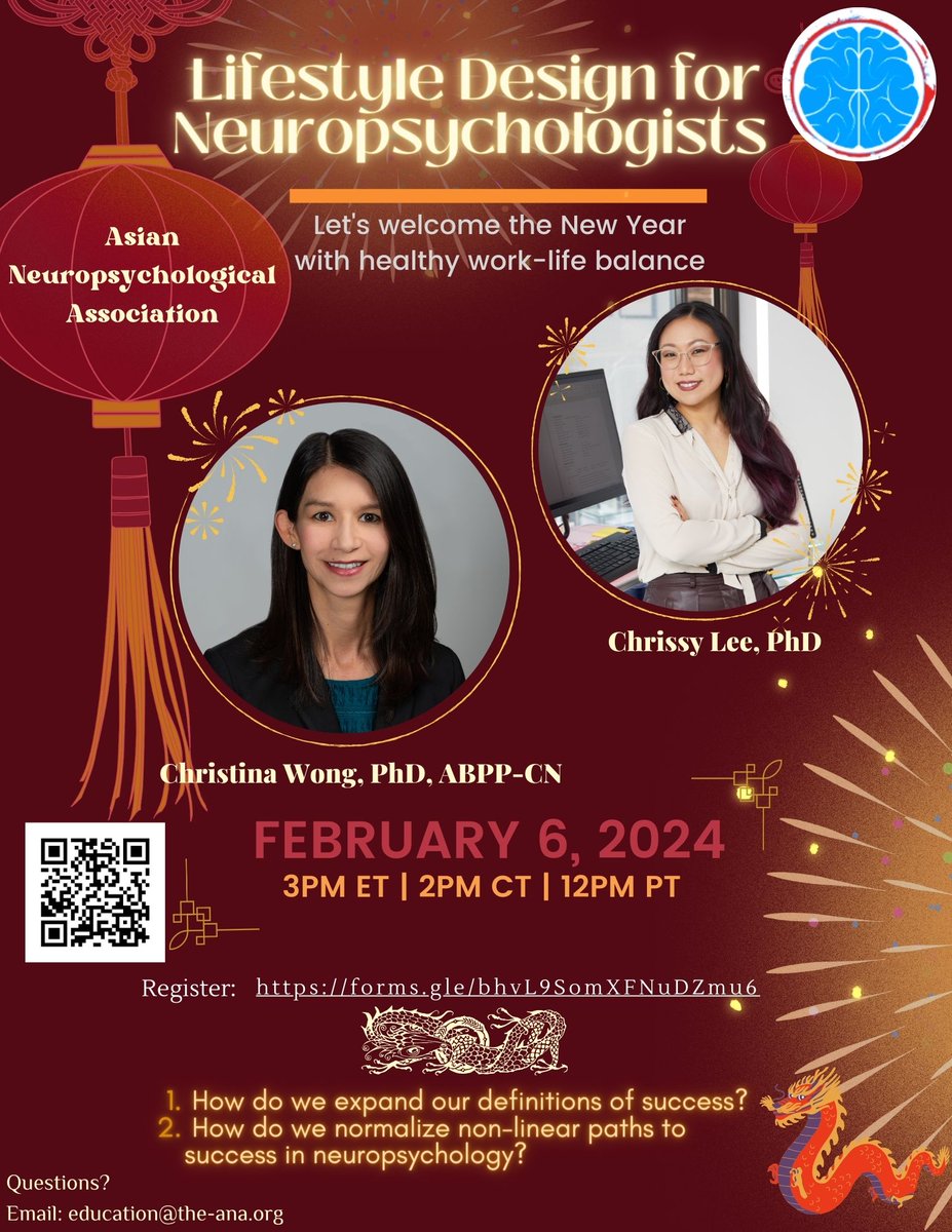 ANA Neuropsychology (@asianneuropsych) on Twitter photo Join us on February 6 for our webinar discussing healthy work-life balance for Neuropsychologists as we welcome the New Year!
See flyer for more info & registration details: forms.gle/bhvL9SomXFNuDZ… Join us on February 6 for our webinar discussing healthy work-life balance for Neuropsychologists as we welcome the New Year!
See flyer for more info & registration details: forms.gle/bhvL9SomXFNuDZ…